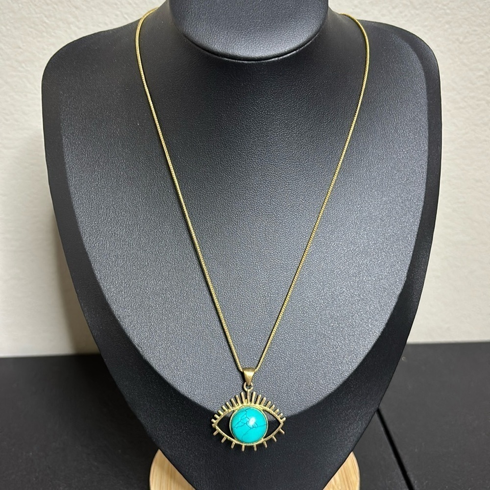 TURQUOISE GOLD EYE OF PROTECTION NECKLACE THIRD EYE Boho HYPOALLERGENIC BRASS